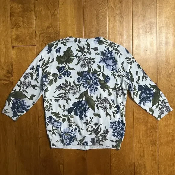 Talbots Floral Cardigan Sweater Size S Blue 3/4 Sleeve Cottage Coquette Fairy - Picture 6 of 8